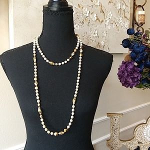 Long Beaded Faux Pearls Necklace 54"